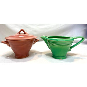 Vintage HOMER LAUGHLIN HARLEQUIN Rose Covered Sugar & Green Creamer